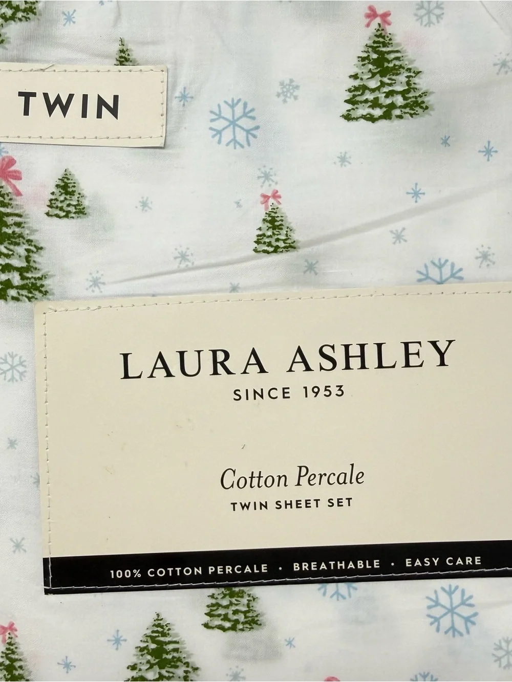 Laura Ashley Twin Size Sheet set Christmas Trees Bows Cotton Percale New